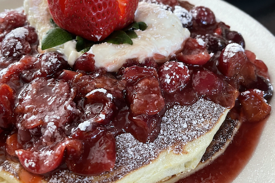 Lemon Ricotta Pancakes w/ Cherry Compote